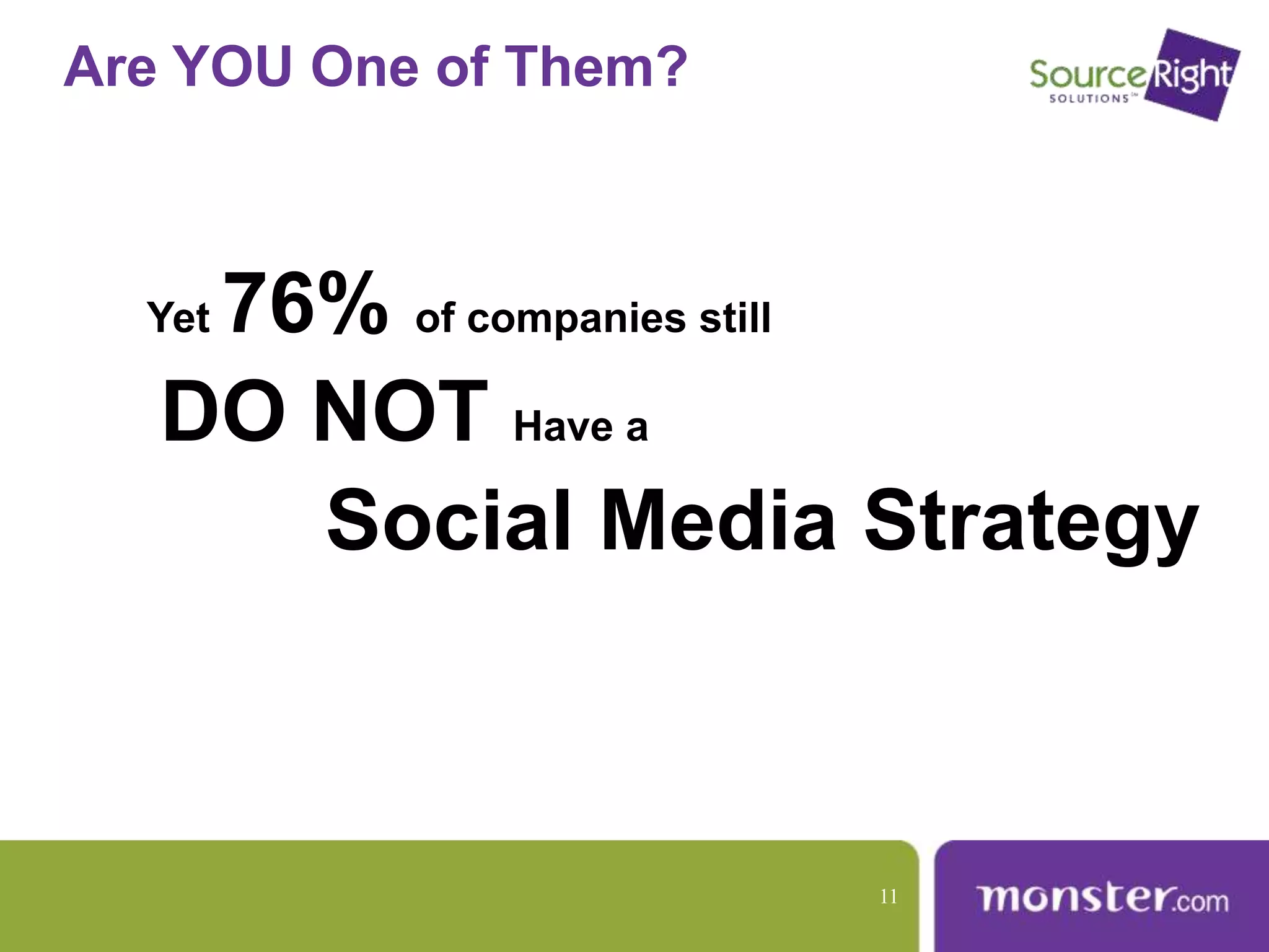 Are YOU One of Them?
Yet 76% of companies still
DO NOT Have a
Social Media Strategy
11
 