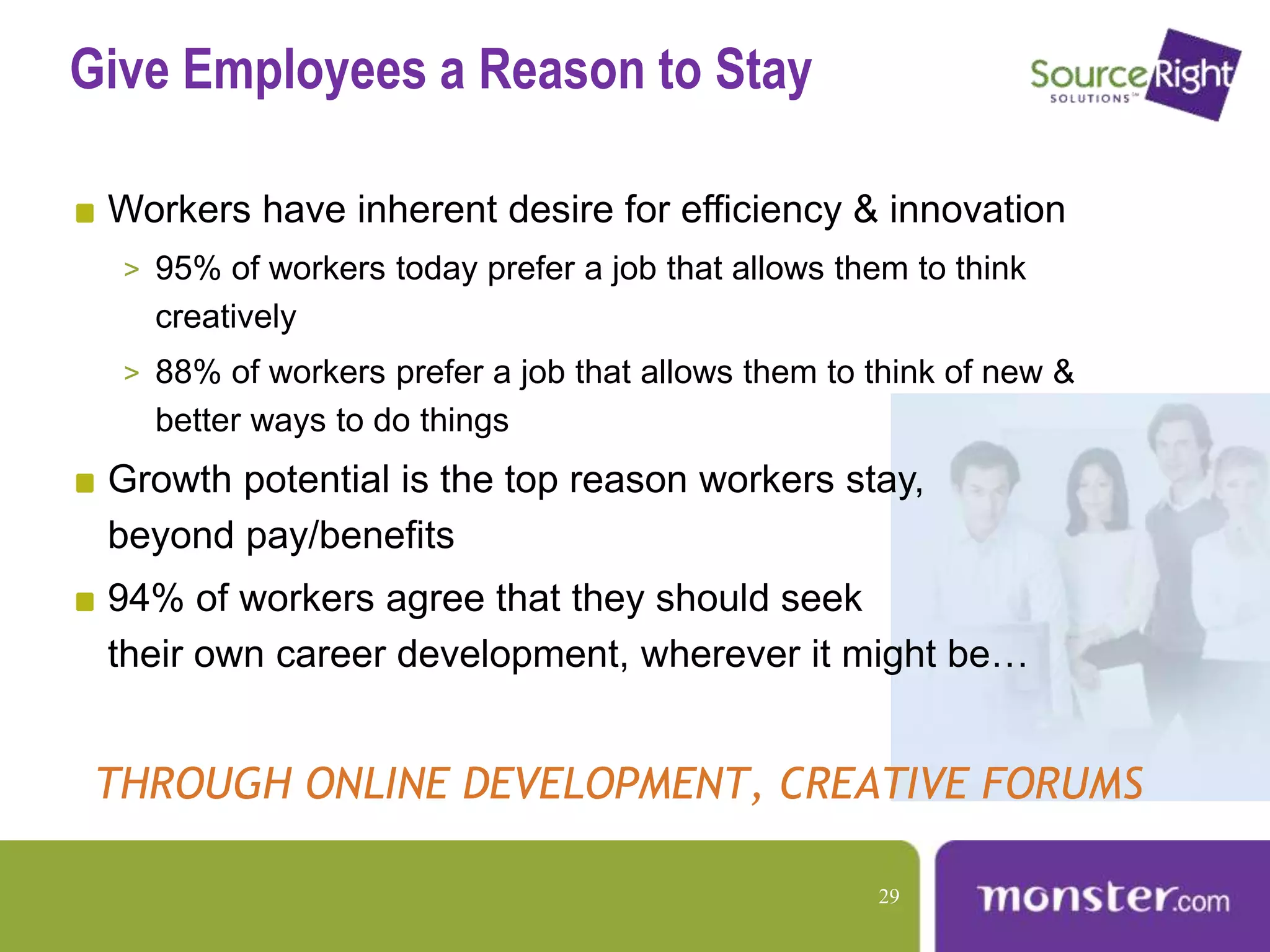 Give Employees a Reason to Stay
Workers have inherent desire for efficiency & innovation
> 95% of workers today prefer a job that allows them to think
creatively
> 88% of workers prefer a job that allows them to think of new &
better ways to do things
Growth potential is the top reason workers stay,
beyond pay/benefits
94% of workers agree that they should seek
their own career development, wherever it might be…
THROUGH ONLINE DEVELOPMENT, CREATIVE FORUMS
29
 