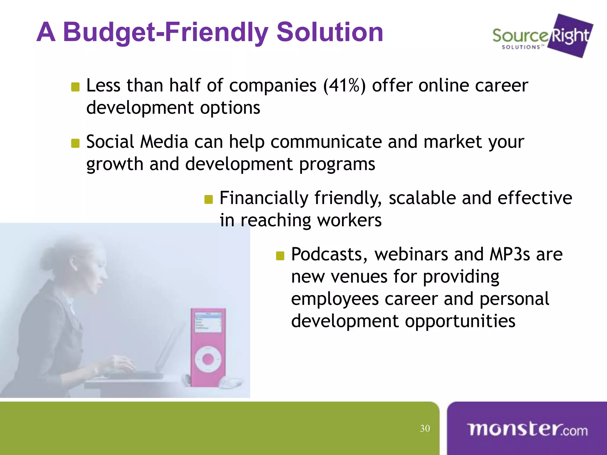 A Budget-Friendly Solution
Less than half of companies (41%) offer online career
development options
Social Media can help communicate and market your
growth and development programs
Financially friendly, scalable and effective
in reaching workers
Podcasts, webinars and MP3s are
new venues for providing
employees career and personal
development opportunities
30
 