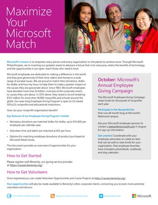 Microsoft’s mission is to empower every person and every organization on the planet to achieve more. Through Microsoft
Philanthropies, we’re investing our greatest assets to advance a future that is for everyone, where the benefits of technology,
and the opportunities it can open, reach those who need it most.
Microsoft employees are dedicated to making a difference in the world
and they give generously of their time, talent and money to a wide
range of societal issues. We are proud to match their donations, dollar-
for-dollar, and hour-by-hour, to help them to make a greater impact on
the causes they are passionate about. Since 1983, Microsoft employees
have donated more than $1 billion, inclusive of the corporate match,
to causes they care about. In 2015 alone, they raised a record-breaking
$125 million for more than 18,000 nonprofits and schools around the
globe. Our year-long Employee Giving Program is open to US-based
501(c)(3) nonprofits and educational institutions.
How can your nonprofit organization benefit?
Key features of our Employee Giving Program include:
•	 Monetary donations are matched dollar-for-dollar, up to $15,000 per
employee per calendar year.
•	 Volunteer time and talent are matched at $25 per hour.
•	 Options for matching employee donations of product purchased at
Microsoft Retail stores.
This document provides an overview of opportunities for your
organization.
How to Get Started
Please register with Benevity, our giving service provider
at https://causes.benevity.org/.
How to Get Volunteers
Once registered you can create Volunteer Opportunities and Cause Projects at https://causes.benevity.org/.
Your opportunities will also be made available to Benevity’s other corporate clients, connecting you to even more potential
volunteers and donors.
Maximize
Your
Microsoft
Match
microsoft.com/philanthropies @msphilanthropicblogs.microsoft.com/on-the-issues
October: Microsoft’s
Annual Employee
Giving Campaign
The Microsoft Employee Giving Campaign
raises funds for thousands of nonprofits
each year.
Participate in the Nonprofit Fair
that runs all month long at Microsoft’s
Redmond campus.
Ask your Microsoft employee sponsor to
contact v-kehart@microsoft.com in August
for sign up information.
Get creative! Coordinate with your
employee advocates to create an item
that can be sold to raise funds for your
organization. Past employee favorites
have included a photobook, cookbook,
and dog calendars.
 