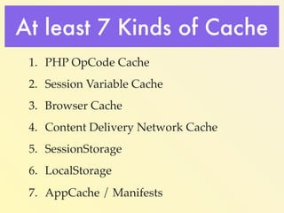 At least 7 Kinds of Cache 
1. PHP OpCode Cache! 
2. Session Variable Cache! 
3. Browser Cache! 
4. Content Delivery Networ...
