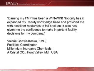 IFMA’s World Workplace is the first buying show of 2012400 exhibitorsFirst look at the latest facility-related products and services.The single most important conference for the FM profession6000 attendees80 sessions11 tracks, three knowledge levelswww.worldworkplace.org