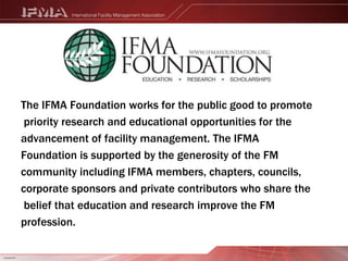 CFM® Practice Exam108 Question Practice Exam9 sections that represent      IFMA’s nine core competenciesMust answer all questions in one sittingHave the ability to go back       and review their answers. Practice Exam is set for 2 attempts to pass.If you are unsuccessful on your first attempt,       you will have one more chance to pass.   Cost: Members $80.00/Nonmembers $160.00
