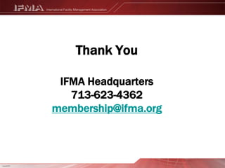 What’s Next?Sustainability Facility Professional™ (SFP™)Establish sustainable FM knowledge and practices.Assessment-based certificate program delivering a specialty credential in sustainability.For all FM and like-minded professionals with an interest in sustainable practices.