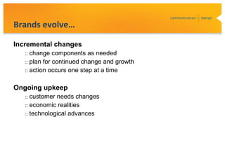 Brands evolve…

Incremental changes
   :: change components as needed
   :: plan for continued change and growth
   :: action occurs one step at a time


Ongoing upkeep
   :: customer needs changes
   :: economic realities
   :: technological advances
 