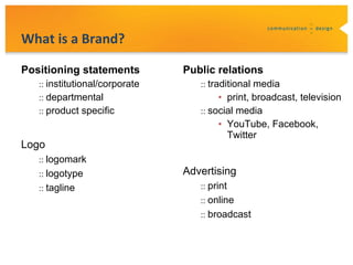 What is a Brand?

Positioning statements          Public relations
   :: institutional/corporate      :: traditional media
   :: departmental                      • print, broadcast, television
   :: product specific             :: social media
                                        • YouTube, Facebook,
                                          Twitter
Logo
   :: logomark
   :: logotype                  Advertising
   :: tagline                      :: print
                                   :: online
                                   :: broadcast
 