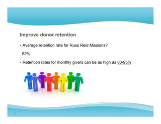 Improve donor retention

    • Average retention rate for Russ Reid Missions?

     62%

    • Retention rates for monthly givers can be as high as 80-95%




7
 