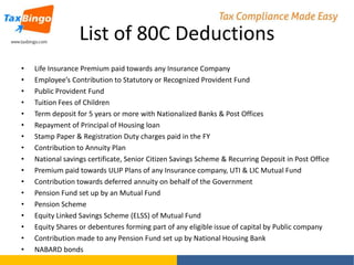 List of 80C Deductions
•
•
•
•
•
•
•
•
•
•
•
•
•
•
•
•
•

Life Insurance Premium paid towards any Insurance Company
Employee’s Contribution to Statutory or Recognized Provident Fund
Public Provident Fund
Tuition Fees of Children
Term deposit for 5 years or more with Nationalized Banks & Post Offices
Repayment of Principal of Housing loan
Stamp Paper & Registration Duty charges paid in the FY
Contribution to Annuity Plan
National savings certificate, Senior Citizen Savings Scheme & Recurring Deposit in Post Office
Premium paid towards ULIP Plans of any Insurance company, UTI & LIC Mutual Fund
Contribution towards deferred annuity on behalf of the Government
Pension Fund set up by an Mutual Fund
Pension Scheme
Equity Linked Savings Scheme (ELSS) of Mutual Fund
Equity Shares or debentures forming part of any eligible issue of capital by Public company
Contribution made to any Pension Fund set up by National Housing Bank
NABARD bonds

 