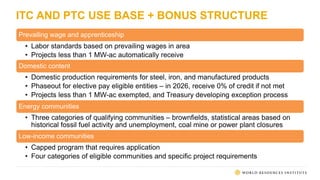 ITC AND PTC USE BASE + BONUS STRUCTURE
Prevailing wage and apprenticeship
• Labor standards based on prevailing wages in area
• Projects less than 1 MW-ac automatically receive
Domestic content
• Domestic production requirements for steel, iron, and manufactured products
• Phaseout for elective pay eligible entities – in 2026, receive 0% of credit if not met
• Projects less than 1 MW-ac exempted, and Treasury developing exception process
Energy communities
• Three categories of qualifying communities – brownfields, statistical areas based on
historical fossil fuel activity and unemployment, coal mine or power plant closures
Low-income communities
• Capped program that requires application
• Four categories of eligible communities and specific project requirements
 