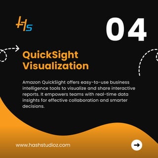 QuickSight
Visualization
Amazon QuickSight offers easy-to-use business
intelligence tools to visualize and share interactive
reports. It empowers teams with real-time data
insights for effective collaboration and smarter
decisions.
www.hashstudioz.com
04
 