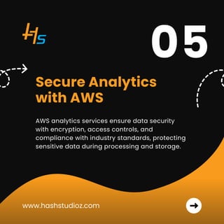 AWS analytics services ensure data security
with encryption, access controls, and
compliance with industry standards, protecting
sensitive data during processing and storage.
Secure Analytics
with AWS
www.hashstudioz.com
05
 