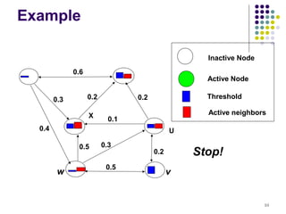 Example

                                                    Inactive Node
              0.6
                                                    Active Node

        0.3         0.2           0.2               Threshold

                    X                               Active neighbors
                            0.1
  0.4                                         U

               0.5        0.3
                                        0.2       Stop!
                           0.5
         w                                    v


                                                                    10
 