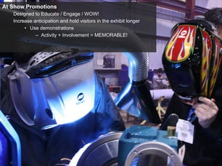 At Show Promotions
Designed to Educate / Engage / WOW!
Increase anticipation and hold visitors in the exhibit longer
•  Use demonstrations
–  Activity + Involvement = MEMORABLE!
 