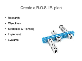 Create a R.O.S.I.E. plan
•  Research
•  Objectives
•  Strategies & Planning
•  Implement
•  Evaluate
 