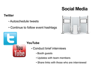 Twitter
• Autoschedule tweets
• Continue to follow event hashtags
YouTube
• Conduct brief interviews
• Booth guests
• Updates with team members
• Share links with those who are interviewed
Social Media
 