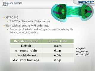  GYRO 8.0
    B3-GTC problem with 1024 processes
 Run with alternate MPI orderings
    Custom: profiled with with –O apa and used reordering file
     MPICH_RANK_REORDER.d


        Reorder method                  Comm. time
               Default                     11.26s
                                                                  CrayPAT
         0 – round-robin                   6.94s                  suggestion
                                                                  almost right!
          2 – folded-rank                  6.68s
        d-custom from apa                  8.03s
 