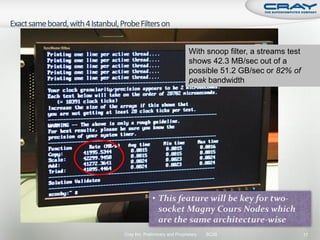 With snoop filter, a streams test
                                shows 42.3 MB/sec out of a
                                possible 51.2 GB/sec or 82% of
                                peak bandwidth




              • This feature will be key for two-
                socket Magny Cours Nodes which
                are the same architecture-wise
Cray Inc. Preliminary and Proprietary   SC09                        17
 