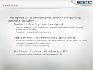  Three separate classes of standardization, each with a corresponding
  definition of productivity
   1. Standard interfaces (e.g., dense linear algebra)
         Bend over backwards to keep everything the same despite increases in machine complexity.
          Innovate ‘behind-the-scenes’
         Productivity -> innovation to keep things simple


   2.   Adoption of near-standard interfaces (e.g., sparse kernels)
         Assume near-standards and promote those. Out-mode alternatives. Innovate ‘behind-the-scenes’
         Productivity -> innovation in the simplest areas
            (requires the same innovation as #1 also)


   3.   Simplification of non-standard interfaces (e.g., FFT)
         Productivity -> innovation to make things simpler than they are




                                                                                                         62
 