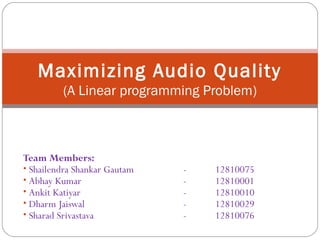 Maximizing Audio Quality
(A Linear programming Problem)

Team Members:
• Shailendra Shankar Gautam
• Abhay Kumar
• Ankit Katiyar
• Dharm Jaiswal
• Sharad Srivastava

-

12810075
12810001
12810010
12810029
12810076

 