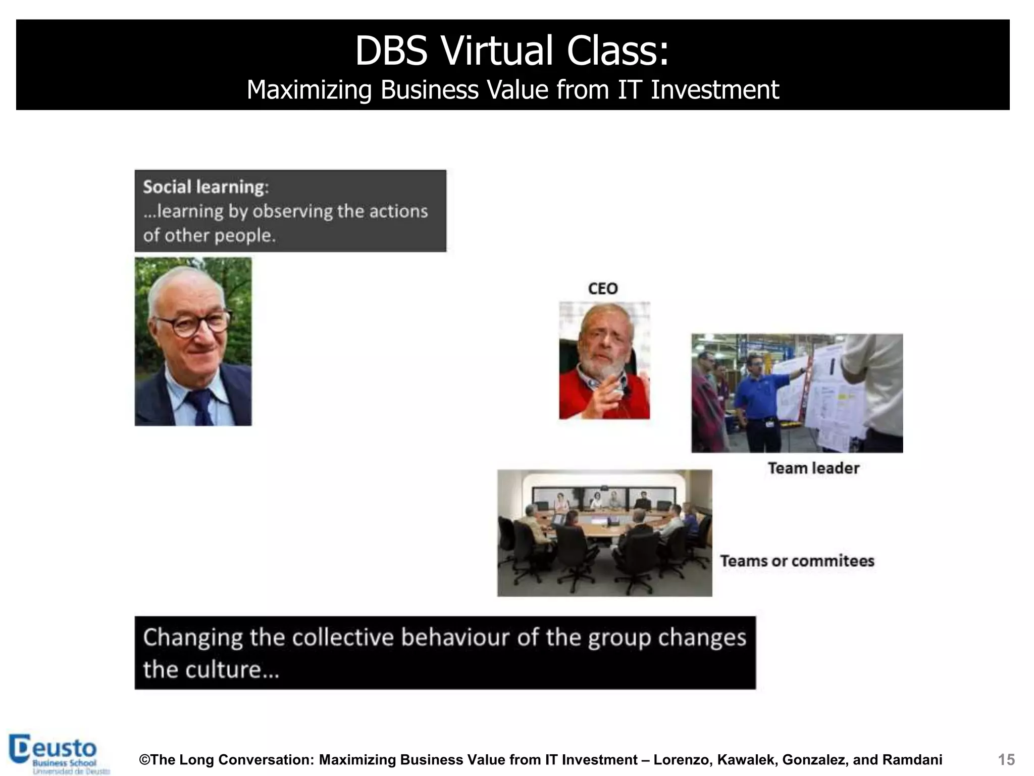 DBS Virtual Class:
              Maximizing Business Value from IT Investment




©The Long Conversation: Maximizing Business Value from IT Investment – Lorenzo, Kawalek, Gonzalez, and Ramdani   15
 