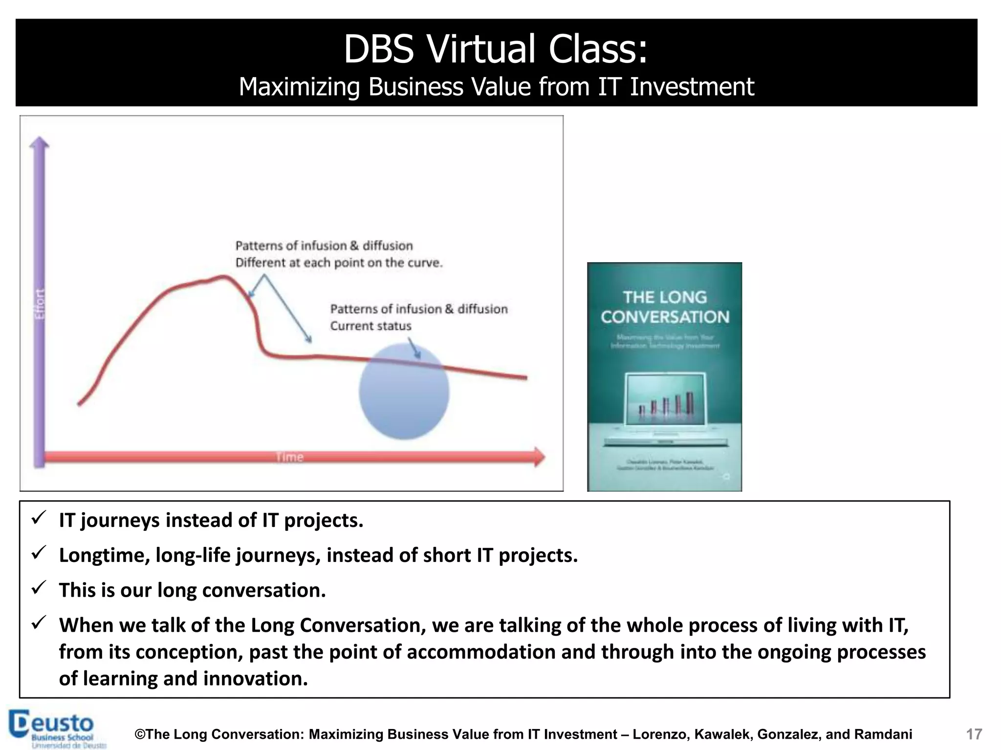DBS Virtual Class:
                         Maximizing Business Value from IT Investment




 IT journeys instead of IT projects.
 Longtime, long-life journeys, instead of short IT projects.
 This is our long conversation.
 When we talk of the Long Conversation, we are talking of the whole process of living with IT,
  from its conception, past the point of accommodation and through into the ongoing processes
  of learning and innovation.

           ©The Long Conversation: Maximizing Business Value from IT Investment – Lorenzo, Kawalek, Gonzalez, and Ramdani   17
 