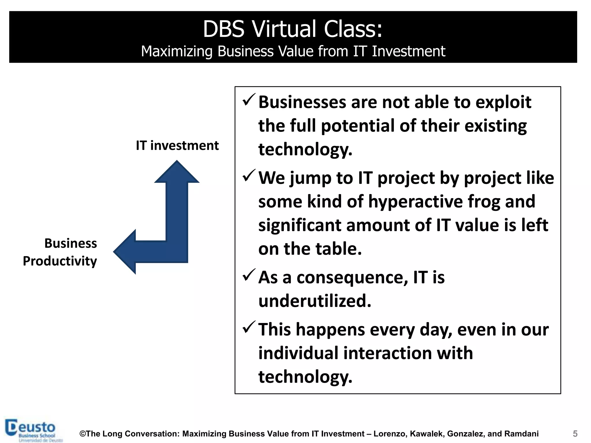 DBS Virtual Class:
                       Maximizing Business Value from IT Investment


                                               Businesses are not able to exploit
                                                the full potential of their existing
                      IT investment             technology.
                                               We jump to IT project by project like
                                                some kind of hyperactive frog and
                                                significant amount of IT value is left
   Business                                     on the table.
Productivity
                                               As a consequence, IT is
                                                underutilized.
                                               This happens every day, even in our
                                                individual interaction with
                                                technology.

         ©The Long Conversation: Maximizing Business Value from IT Investment – Lorenzo, Kawalek, Gonzalez, and Ramdani   5
 