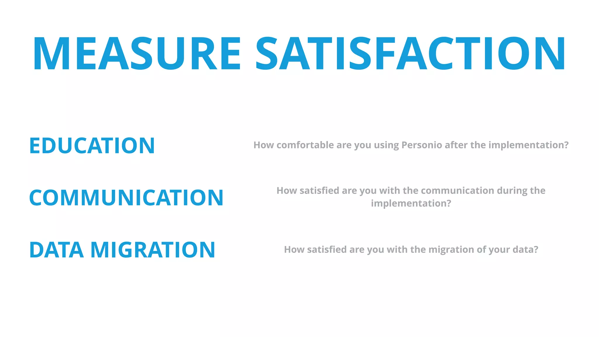 MEASURE SATISFACTION
How comfortable are you using Personio after the implementation?
EDUCATION
COMMUNICATION
DATA MIGRATION
How satisﬁed are you with the communication during the
implementation?
How satisﬁed are you with the migration of your data?
 