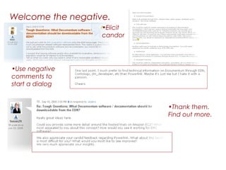 Welcome the negative.
                   •Elicit
                   candor




•Use negative
comments to
start a dialog


                             •Thank them.
                             Find out more.
 
