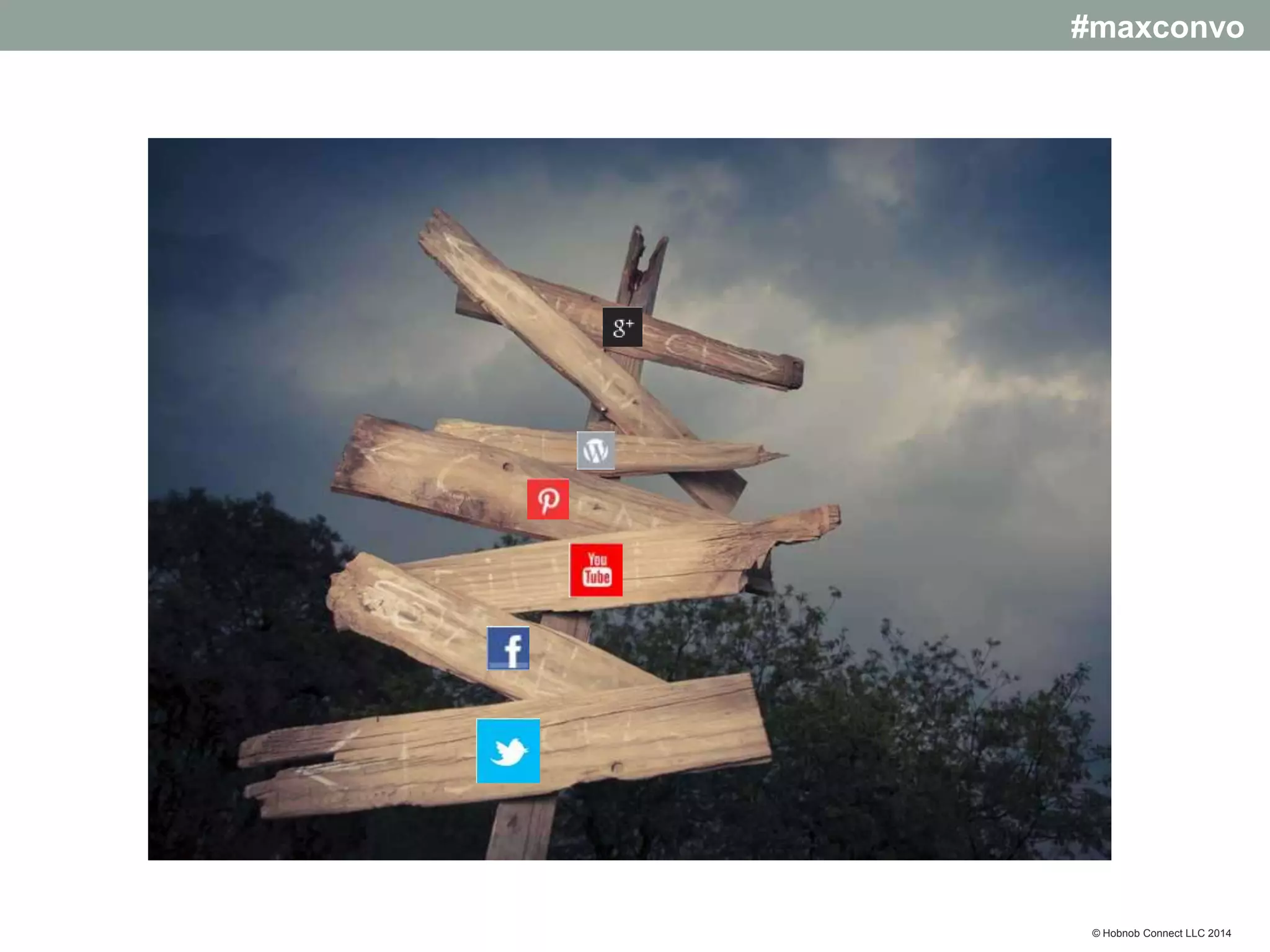#maxconvo

Develop concepts and themes
(2-5 themes a week)
•“Fun” themed post
•Link to new blog or website content
•Post on created content
•Motivational/inspirational quote
•Infographic
•Photo
© Hobnob Connect LLC 2014

 