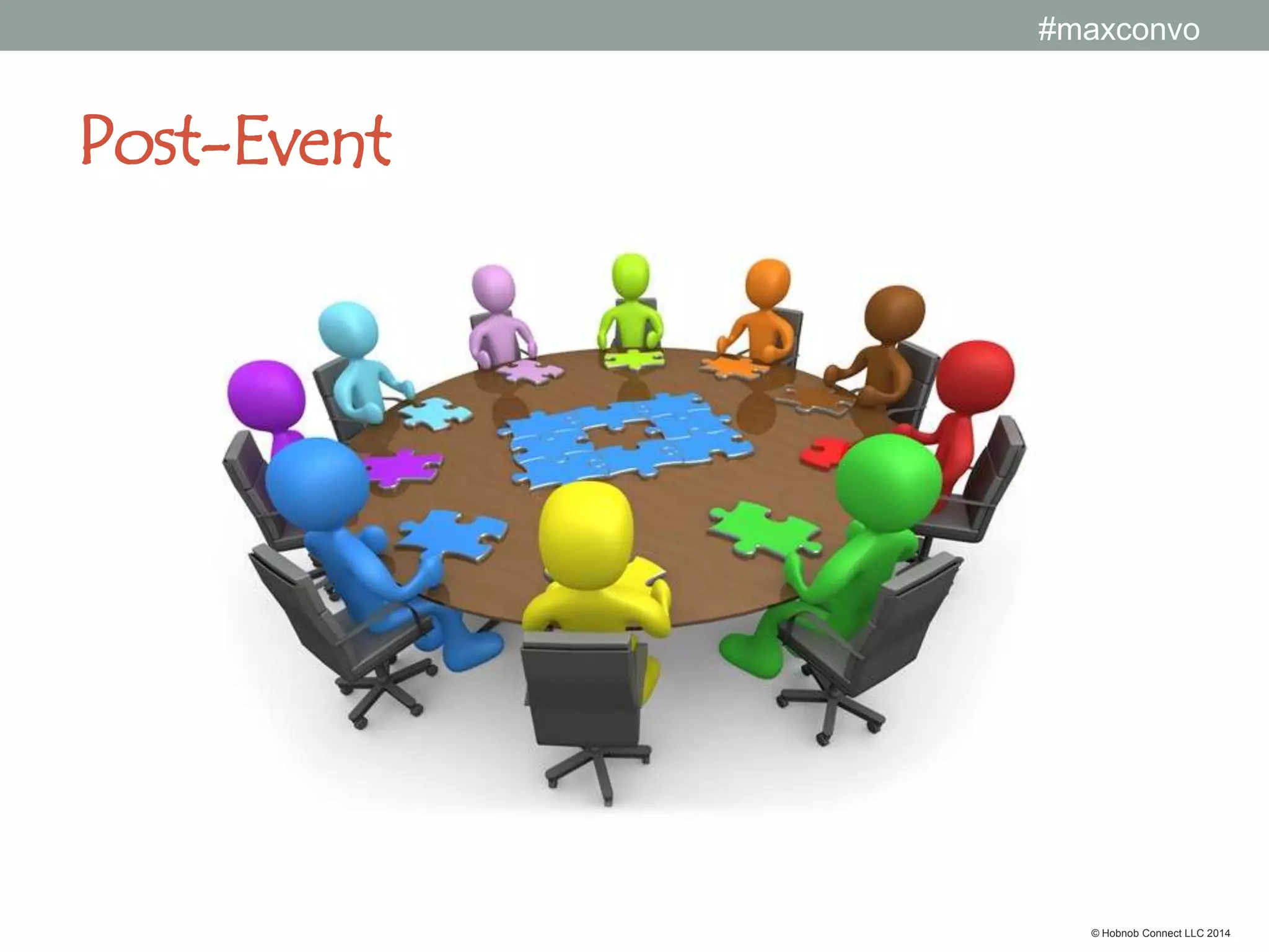 #maxconvo

Daily - Engage in two-way conversation
• Listen and monitor for existing

conversations
• Make your event attention-worthy
• Welcome honest feedback.

© Hobnob Connect LLC 2014

 