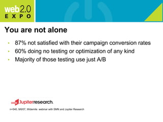 You are not alone 87% not satisfied with their campaign conversion rates 60% doing no testing or optimization of any kind Majority of those testing use just A/B n=540, 9/6/07, Widemile  webinar with SMN and Jupiter Research 