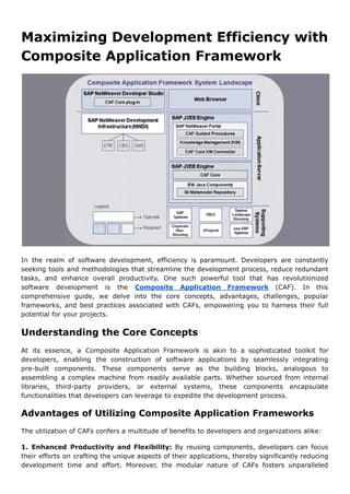 Maximizing Development Efficiency with
Composite Application Framework
In the realm of software development, efficiency is paramount. Developers are constantly
seeking tools and methodologies that streamline the development process, reduce redundant
tasks, and enhance overall productivity. One such powerful tool that has revolutionized
software development is the Composite Application Framework (CAF). In this
comprehensive guide, we delve into the core concepts, advantages, challenges, popular
frameworks, and best practices associated with CAFs, empowering you to harness their full
potential for your projects.
Understanding the Core Concepts
At its essence, a Composite Application Framework is akin to a sophisticated toolkit for
developers, enabling the construction of software applications by seamlessly integrating
pre-built components. These components serve as the building blocks, analogous to
assembling a complex machine from readily available parts. Whether sourced from internal
libraries, third-party providers, or external systems, these components encapsulate
functionalities that developers can leverage to expedite the development process.
Advantages of Utilizing Composite Application Frameworks
The utilization of CAFs confers a multitude of benefits to developers and organizations alike:
1. Enhanced Productivity and Flexibility: By reusing components, developers can focus
their efforts on crafting the unique aspects of their applications, thereby significantly reducing
development time and effort. Moreover, the modular nature of CAFs fosters unparalleled
 
