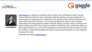 Arati Nagaraj is an education consultant, EdTech advisor, and school board trustee in the San
Francisco Bay Area. With 25+ years in education, Arati has used her curriculum design skills to
create unique learning experiences in education and nonprofit sectors at Pearson, EdSurge, and
Silicon Valley Education Foundation. She has also leveraged these skills to create employee
onboarding and training programs at Apple, Facebook, Google, and Uber. Arati is currently on the
EdTech advisory board for Central Square Foundation in New Delhi, India. In November 2020, she
will complete 10 years as a trustee of the Saratoga Union School District Board in California. Arati
has an M.Ed. in media and technology from Boston University and a bachelor’s in early childhood
education from India.
Follow Arati on Twitter @aratinagaraj.
Arati Nagaraj
 
