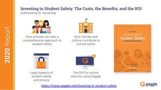 2020Report Investing in Student Safety: The Costs, the Beneﬁts, and the ROI
Authored by Dr. Kecia Ray
The ROI for school
districts using Gaggle
How schools can take a
comprehensive approach to
student safety
How climate and
culture contribute to
school safety
Legal aspects of
student safety
and privacy
https://news.gaggle.net/investing-in-student-safety
 