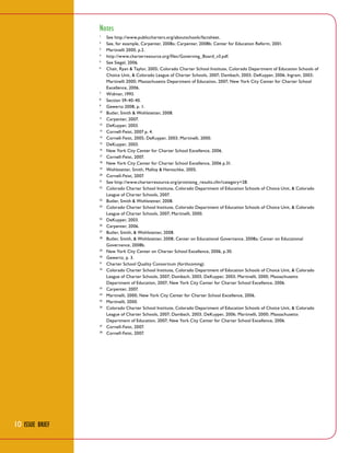 Notes
	
	
3
	
4
	
5
	
6
	
1
2

	
	
9
	
7
8

	
	
12
	
13
	
14
	
15
	
16
	
17
	
18
	
19
	
20
	
21
	
22
	
10
11

	
	

23
24

	
	
27
	
28
	
25
26

	
	
31
	
32
	
29

30

	
	
35
	
36
	
33

34

37

	
	

38

10 Issue Brief

See http://www.publiccharters.org/aboutschools/factsheet.
See, for example, Carpenter, 2008a; Carpenter, 2008b; Center for Education Reform, 2001.
Martinelli 2000, p.2.
http://www.charterresource.org/files/Governing_Board_v3.pdf.
See Siegel, 2006.
Chait, Ryan & Taylor, 2005; Colorado Charter School Institute, Colorado Department of Education Schools of
Choice Unit, & Colorado League of Charter Schools, 2007; Dambach, 2003; DeKuyper, 2006; Ingram, 2003;
Martinelli 2000; Massachusetts Department of Education, 2007; New York City Center for Charter School
Excellence, 2006.
Widmer, 1993.
Section 59-40-40.
Gewertz 2008, p. 1.
Butler, Smith & Wohlstetter, 2008.
Carpenter, 2007.
DeKuyper, 2003.
Cornell-Feist, 2007 p. 4.
Cornell-Feist, 2005; DeKuyper, 2003; Martinelli, 2000.
DeKuyper, 2003.
New York City Center for Charter School Excellence, 2006.
Cornell-Feist, 2007.
New York City Center for Charter School Excellence, 2006 p.31.
Wohlstetter, Smith, Malloy & Hentschke, 2005.
Cornell-Feist, 2007.
See http://www.charterresource.org/promising_results.cfm?category=28.
Colorado Charter School Institute, Colorado Department of Education Schools of Choice Unit, & Colorado
League of Charter Schools, 2007.
Butler, Smith & Wohlstetter, 2008.
Colorado Charter School Institute, Colorado Department of Education Schools of Choice Unit, & Colorado
League of Charter Schools, 2007; Martinelli, 2000.
DeKuyper, 2003.
Carpenter, 2006.
Butler, Smith, & Wohlstetter, 2008.
Butler, Smith, & Wohlstetter, 2008; Center on Educational Governance, 2008a; Center on Educational
Governance, 2008b.
New York City Center on Charter School Excellence, 2006, p.30.
Gewertz, p. 3.
Charter School Quality Consortium (forthcoming).
Colorado Charter School Institute, Colorado Department of Education Schools of Choice Unit, & Colorado
League of Charter Schools, 2007; Dambach, 2003; DeKuyper, 2003; Martinelli, 2000; Massachusetts
Department of Education, 2007; New York City Center for Charter School Excellence, 2006.
Carpenter, 2007.
Martinelli, 2000; New York City Center for Charter School Excellence, 2006.
Martinelli, 2000.
Colorado Charter School Institute, Colorado Department of Education Schools of Choice Unit, & Colorado
League of Charter Schools, 2007; Dambach, 2003; DeKuyper, 2006; Martinelli, 2000; Massachusetts
Department of Education, 2007; New York City Center for Charter School Excellence, 2006.
Cornell-Feist, 2007.
Cornell-Feist, 2007.

 