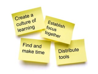 Create a culture of learningEstablish focus togetherFind and make timeDistribute tools