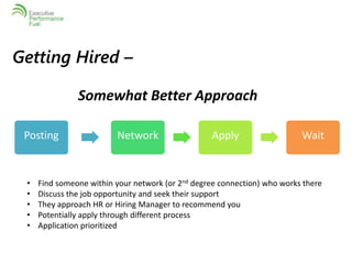 Getting Hired – 
Somewhat Better Approach 
Posting Network Apply Wait 
• Find someone within your network (or 2nd degree connection) who works there 
• Discuss the job opportunity and seek their support 
• They approach HR or Hiring Manager to recommend you 
• Potentially apply through different process 
• Application prioritized 
 