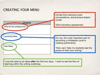 CREATING YOUR MENU
                                                     Comes from previous work,
                                                     conversations, and previous lesson
                                                     cycles.

                                                     Think formative assessment.




                                                     For me, the most important part of
                                                     launching a minilesson cycle is
                                                     creating authenticity.

                                                     “How can I help my students see the
                                                     power of their own writing.”



I use this area to jot ideas after the ﬁrst two days. I want to see the ﬂow of
learning within the writing workshop.
 