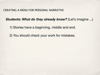 CREATING A MENU FOR PERSONAL NARRATIVE


 Students: What do they already know? (Let’s imagine ...)

   1) Stories have a beginning, middle and end.

   2) You should check your work for mistakes.
 