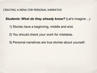 CREATING A MENU FOR PERSONAL NARRATIVE


 Students: What do they already know? (Let’s imagine ...)

   1) Stories have a beginning, middle and end.

   2) You should check your work for mistakes.

   3) Personal narratives are true stories about yourself.
 