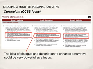 CREATING A MENU FOR PERSONAL NARRATIVE
Curriculum (CCSS focus)




The idea of dialogue and description to enhance a narrative
could be very powerful as a focus.
 