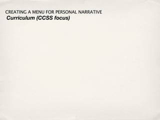 CREATING A MENU FOR PERSONAL NARRATIVE
Curriculum (CCSS focus)
 