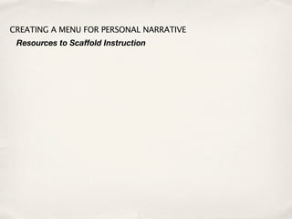 CREATING A MENU FOR PERSONAL NARRATIVE
 Resources to Scaffold Instruction
 