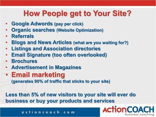 How People get to Your Site?
• Google Adwords (pay per click)
• Organic searches (Website Optimization)
• Referrals
• Blogs and News Articles (what are you waiting for?)
• Listings and Association directories
• Email Signature (too often overlooked)
• Brochures
• Advertisement in Magazines
• Email marketing
(generates 90% of traffic that sticks to your site)
Less than 5% of new visitors to your site will ever do
business or buy your products and services
 