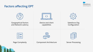 Factors aﬀecting EPT
Geographical Factors
and Network Latency
Device and client
capabilities
Salesforce Org
Conﬁguration
Page Complexity Component Architecture Server Processing
 