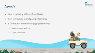● How is Lightning diﬀerent from Classic
● How to measure overall page performance
● 6 factors that aﬀect overall page performance
○ Measurement Metrics
○ Tips to optimize
Agenda
 