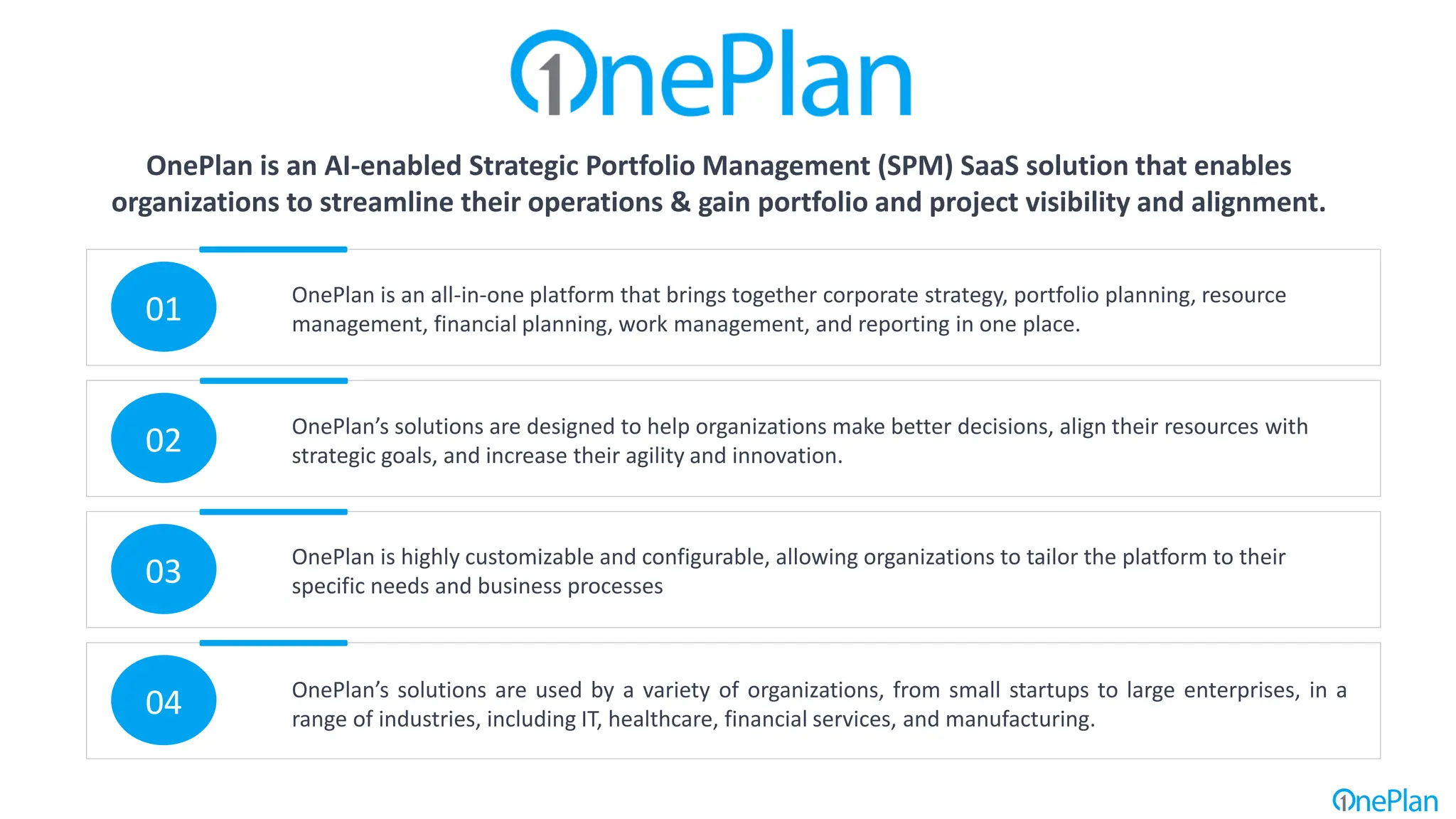 OnePlan is an all-in-one platform that brings together corporate strategy, portfolio planning, resource
management, financial planning, work management, and reporting in one place.
01
OnePlan’s solutions are designed to help organizations make better decisions, align their resources with
strategic goals, and increase their agility and innovation.
02
OnePlan is highly customizable and configurable, allowing organizations to tailor the platform to their
specific needs and business processes
03
OnePlan’s solutions are used by a variety of organizations, from small startups to large enterprises, in a
range of industries, including IT, healthcare, financial services, and manufacturing.
04
OnePlan is an AI-enabled Strategic Portfolio Management (SPM) SaaS solution that enables
organizations to streamline their operations & gain portfolio and project visibility and alignment.
 