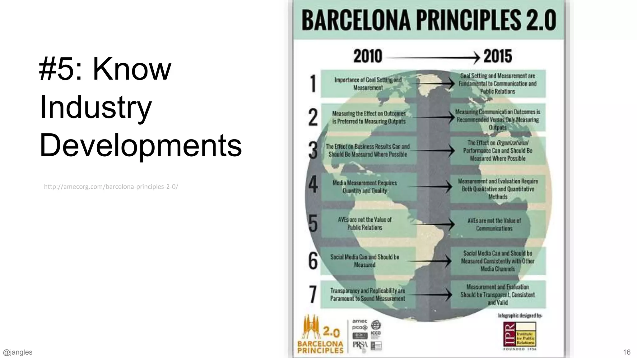 @jangles 16
#5: Know
Industry
Developments
http://amecorg.com/barcelona-principles-2-0/
 