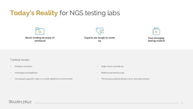 Today’s Reality for NGS testing labs
16
• Multiple vendors
• Homegrown pipelines
• Increased support costs in a multi-plat...