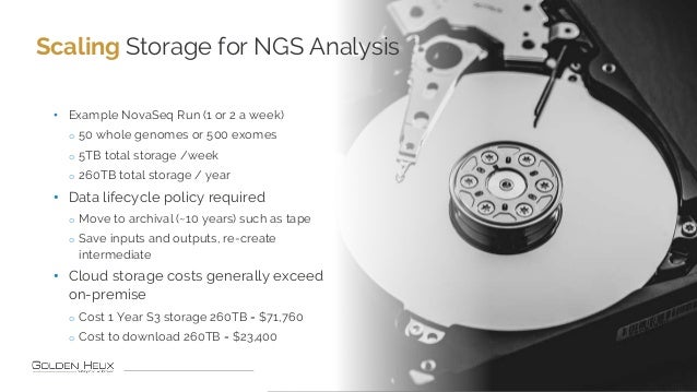 • Example NovaSeq Run (1 or 2 a week)
o 50 whole genomes or 500 exomes
o 5TB total storage /week
o 260TB total storage / y...